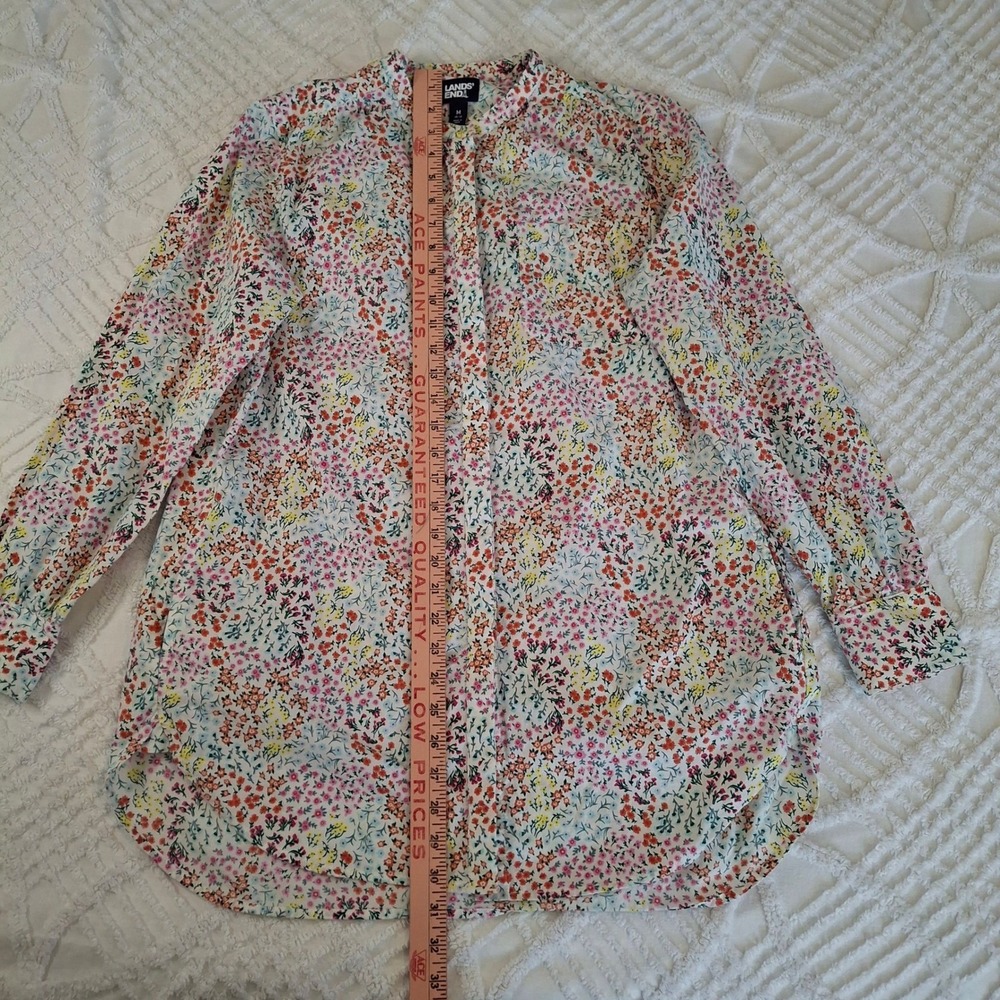Lands End Womens Medium White Floral Long Sleeve Button Up Tunic Cotton Shirt - Picture 2 of 7